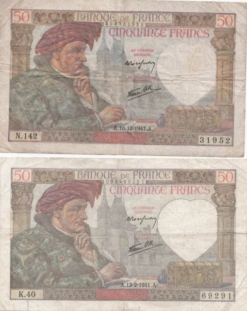 Lot de 2 billets Français de 50 francs Jacques Coeur 1941