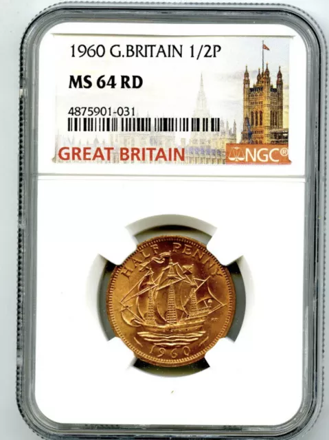 1960 Great Britain 1/2 P Half Penny Ngc Ms64 Rd Golden Hind Design Halfpenny