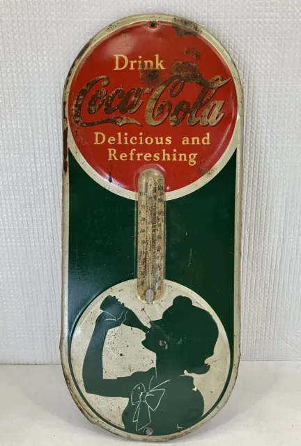 Drink Coca Cola Thermometer Silhouette Girl Deco Lady Sign 1940 Missing Stat 16”