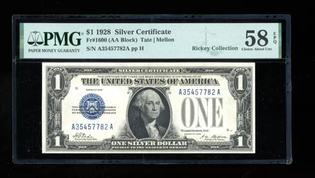 DBR 1928 $1 Silver Fr. 1600 AA Block PMG 58 EPQ Serial A35457782A