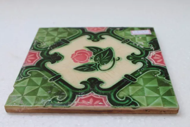 Vintage SAJI JAPAN Nouveau Majolica Rose Flower Design Architectural Tile NH3835 2
