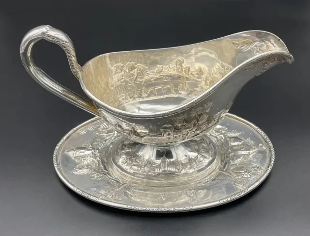 S. Kirk & Son Castle Pattern Repousse Sterling Silver Gravy Boat With Under Tray
