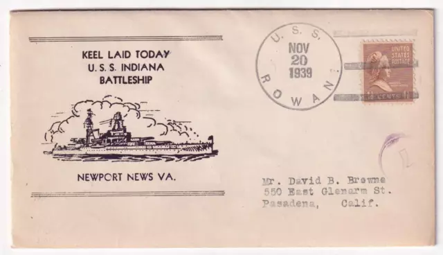 Battleship USS INDIANA BB-58 KEEL LAYING 1939 Naval Cover C4528