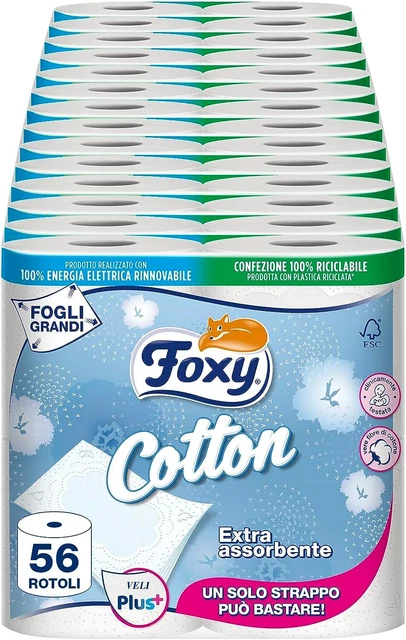 Foxy Cotton, Carta Igienica 5 Veli, 56 Rotoli, 115 Strappi per Rotolo