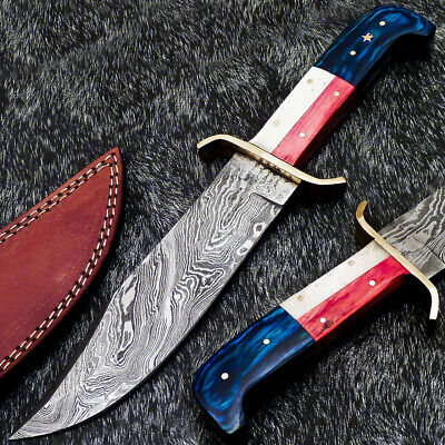 Custom Hand Forged Damascus Steel 12" Bowie Hunting Knife BONE / WOOD Texas Flag