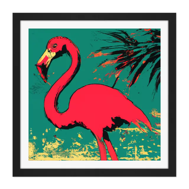 Flamingo Palm Tree Retro Modern Silhouette Square Framed Wall Art Picture Print