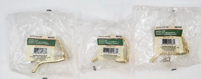 Lot of 3 Gate House Coat Hat Double Hooks Brass 803702 Closet Hanger Gold 2.3"