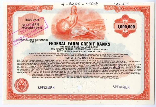 Washington, D.C. Federal Farm Credit Banks 1971 Specimen $1,000,000 Bond XF ABN