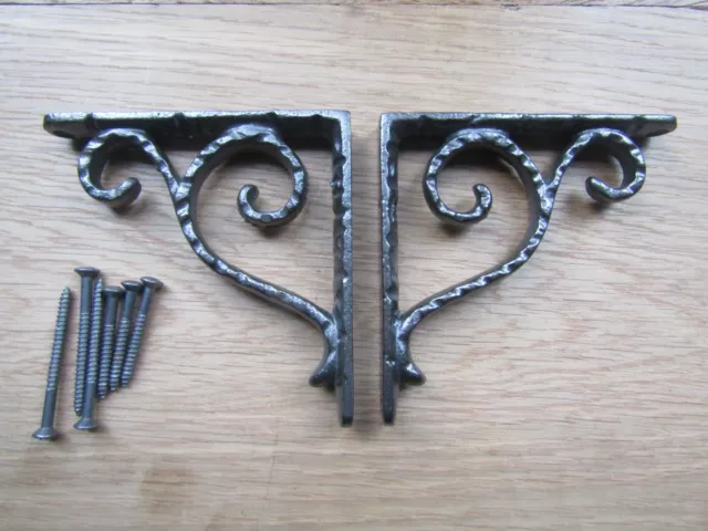 PAIR of TEXTURED SCROLL Cast iron antique Rustic vintage shelf brackets AI