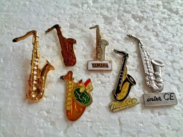 Job lot of 6 Saxophone shaped metal lapel pins