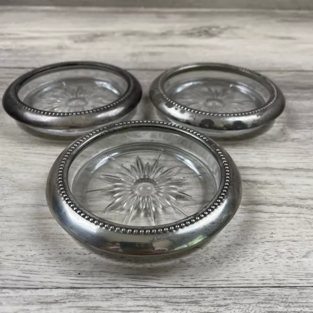 Vintage Nes Blackington Silverplate And Cut Glass Beverage Coasters Set of 3