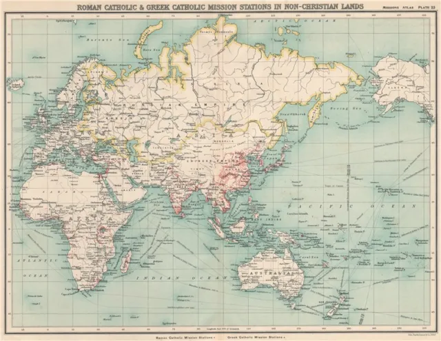 WORLD. Roman Catholic & Greek Orthodox Missions in non-Christian lands 1911 map