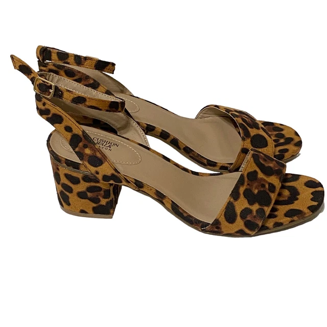 Leopard Print Heeled Sandals Avon Cushion Walk Faux Suede Ankle Strap Size 8
