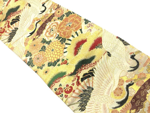 6373916: Japanese Kimono / Antique Nagoya Obi / Woven Kiku & Crane With Peony