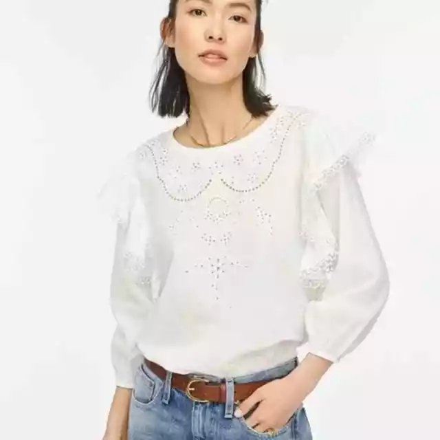 J. Crew White Cotton Embroidered Eyelet Ruffle Sleeve Top Women's Size XS