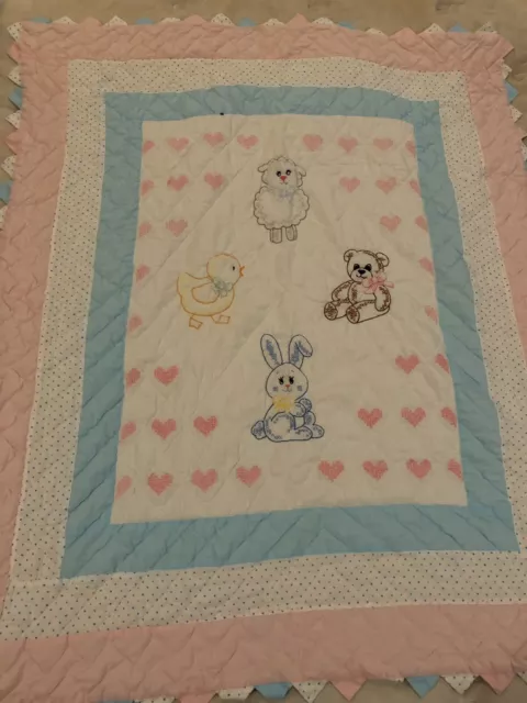 Vintage Embroidered Cross Stitch Baby Crib Quilt Nursery Rhyme Handmade Blanket