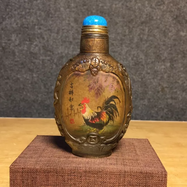 Chinese Old Peking Glass Inside Painted Beautiful Rooster Snuff Bottles Folk Art