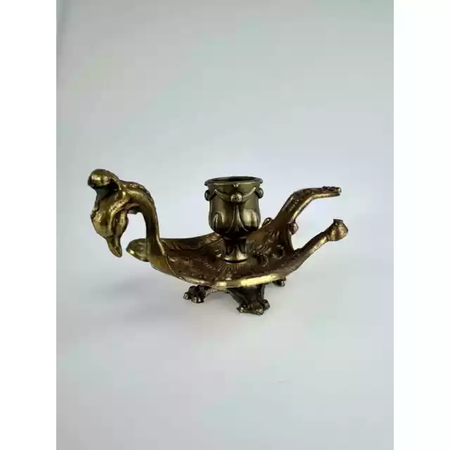 Vintage Italian Aged Brass Peacock Chamber Candle Stick Holder Ornate Home Decor