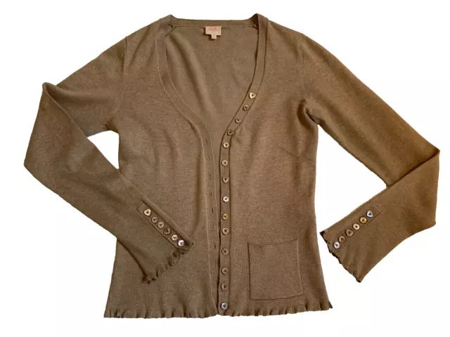 Whistles Soft Cotton Mix Cardigan Brown Heart & Flower Buttons Frilly Edge 10