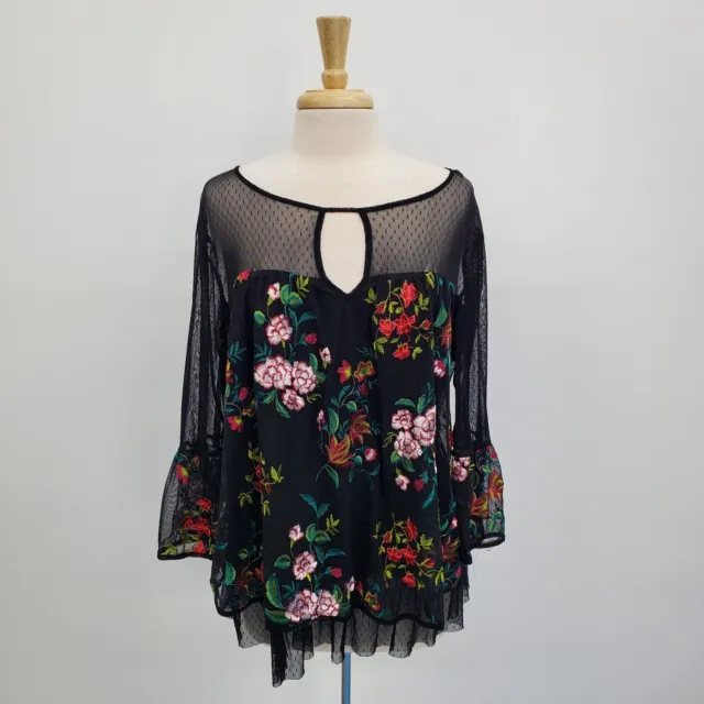 A. Byer Womens Boho Black Floral Sheer Embroidered Bell Sleeve Top Plus Size 2X