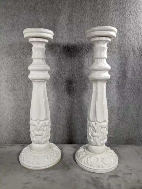 Pair Of French Farmhouse AGED WHITE PILLAR CANDLE HOLDER Spindle 18" Tall 2