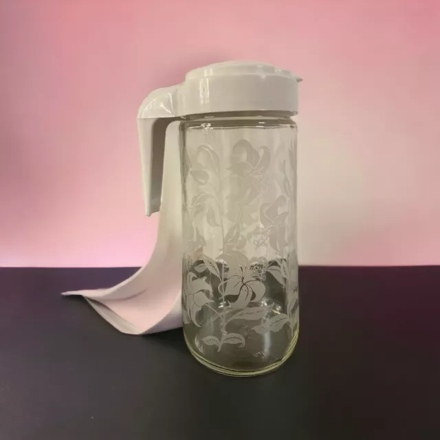 Vtg Tang Pitcher 1 QT White Lid Lily Etched Floral Design Anchor Hocking