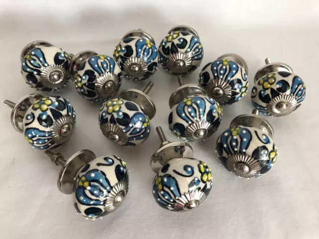 12 Porcelain Ceramic Blue & White & Yellow Drawer Cabinet Door Knobs Handle Pull