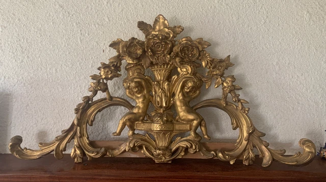 Rare  Bel Ancien Fronton Haut De Porte En Bois Dotré Époque XIXe Angelots Anges