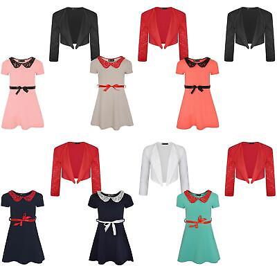 Girls Skater Lace Collar Dress Bundle with Lace Sleeve Open Front Bolero 3-14 Y