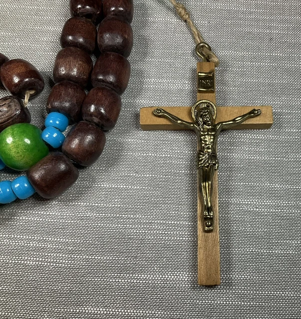 Vintage Rosary Large Wood Beads Christian H76