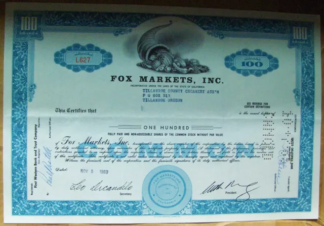 Stock certificate The Fox Markets, Inc, Payee Tillawook County Creamery Oregon