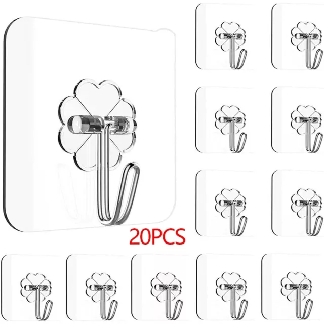 20 PCS Self Adhesive Hooks Plastic Strong Sticky Stick on Wall Door UK Stock