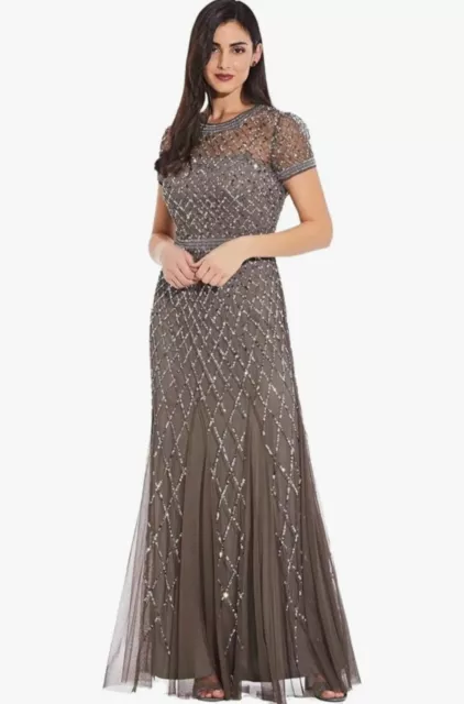 Adrianna Papell Sequins Beaded Mesh Gown Size 6 Petite Gray Silver