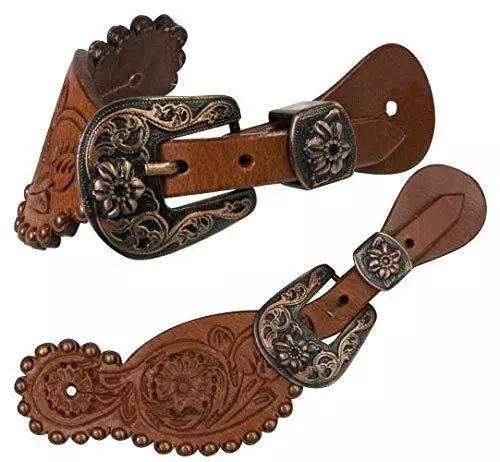 Showman Ladies Size Floral Tooled Leather Spur Straps w/ Antique Engraved Brush
