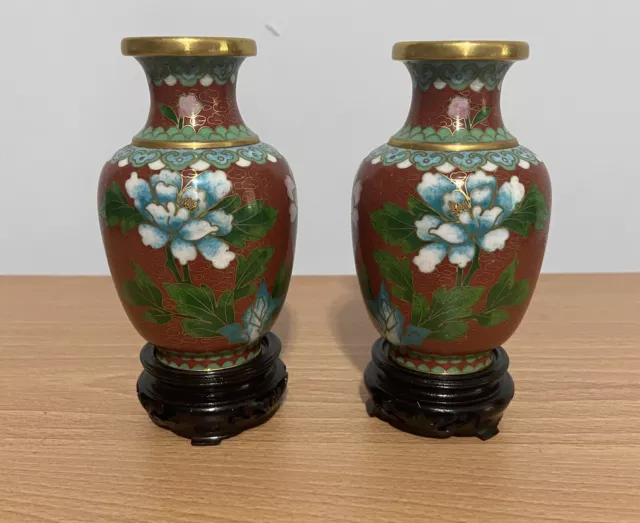 Pair of Chinese Brass Cloisonne Vases 4 1/4" tall, Red with Flower Bird w stands