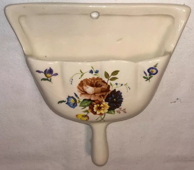 Wall pocket in the shape of a dust pan, Ceramic wall vase decorated with flowers
