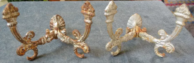 PAIR ANTIQUE VICTORIAN LARGE IRON DOUBLE HALL TREE COAT & HAT HOOKS C 1890 (1c)