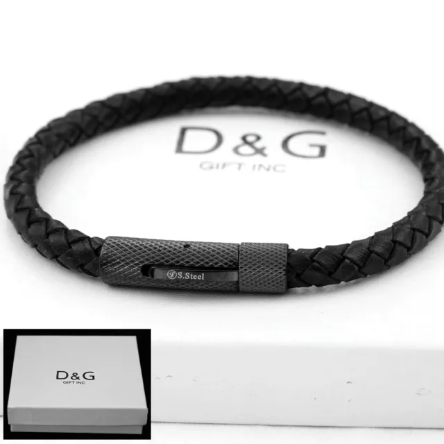 DG Men's,Stainless Steel Silver 8"Black Braided.Leather Bracelet Gold plated BOX