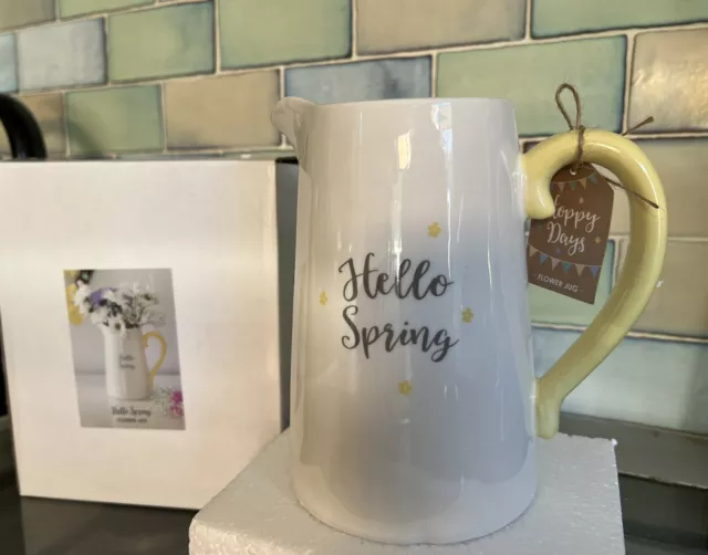 17cm Hello Spring Rustic Pastel Ceramic Flower Vase Milk Jug Pitcher Easter Gift