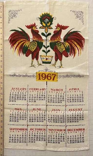 1967 Linen Hanging Calendar Kitchen Tea Towel VTG Roosters Pennsylvania Dutch