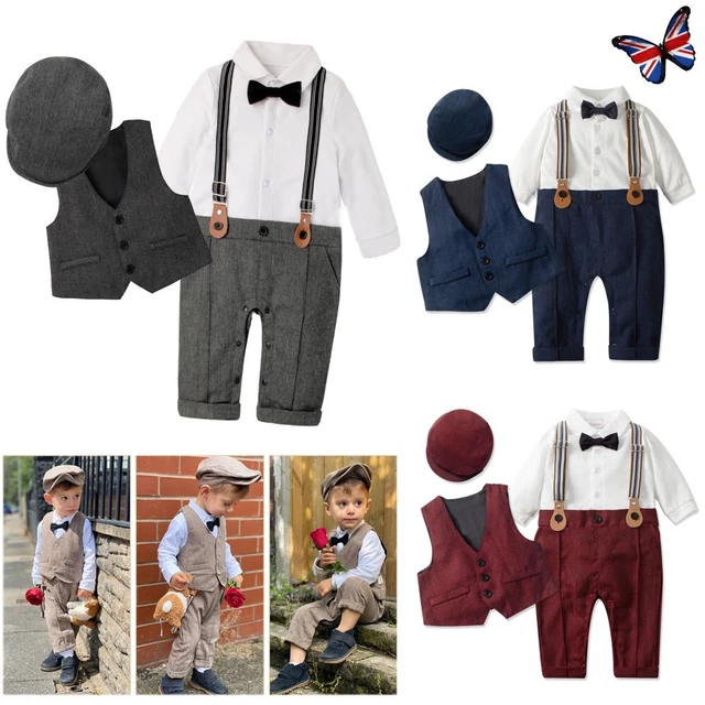 Newborn Baby Boy Outfits Gentleman Jumpsuit Vest Coat Berets Hat Bow Tie 4Pc/Set
