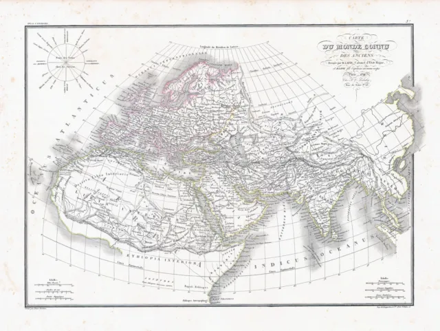 1841 CARTE DU MONDE CONNU DES ANCIENS Ancient World Antique Map Lapie (LP36)