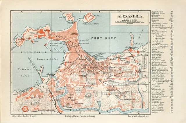 1895 EGYPT ALEXANDRIA CITY PLAN Antique Map