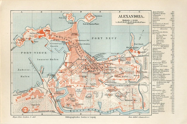 1895 EGYPT ALEXANDRIA CITY PLAN Antique Map
