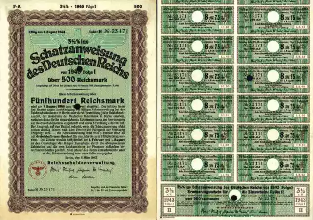 DEUTSCHES Reich 1943 Berlin Adler 500 RM Schatzanweisung Buchst. H Gewinnanteile