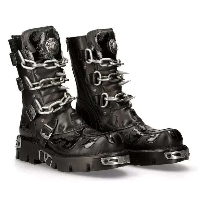 New Rock Mens Black Leather Skull Flame Reactor Boots M.727-S1