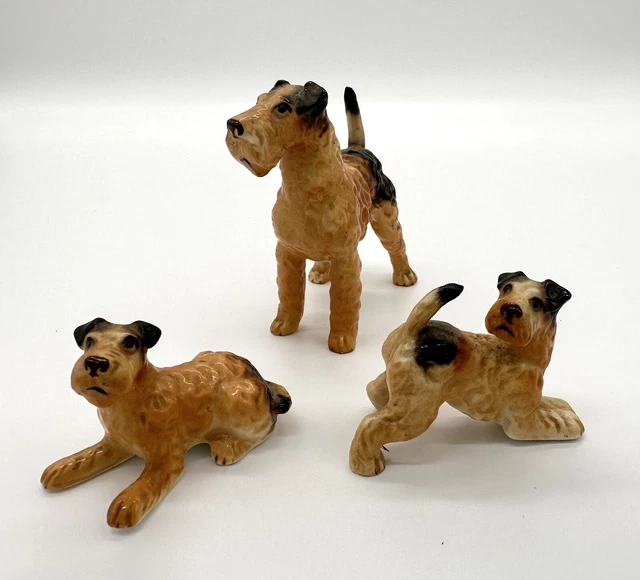 Set of 3 Airedale Terrier Porcelain Dog Figurines Collectible Vintage￼ Japan