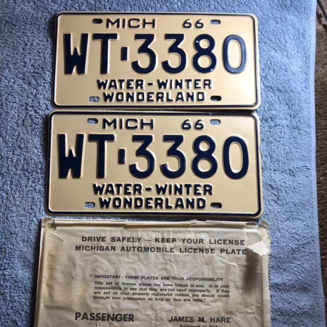 1966 Michigan License Plate Pair WT-3380 Water Winter Wonderland New Old Stock