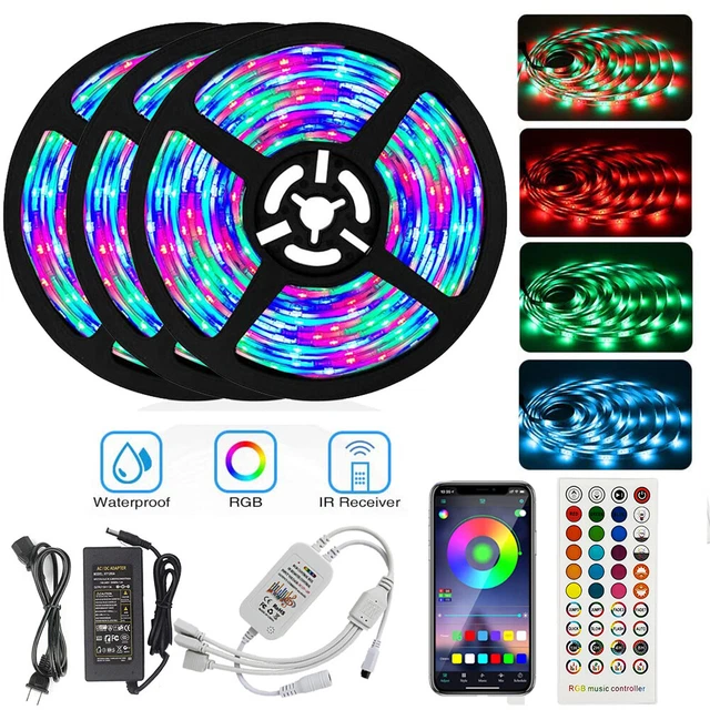 65FT WATERPROOF LED Strip Lights 5050 Music Sync Bluetooth Remote Room