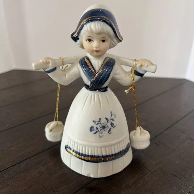 Vintage Dutch Girl Milk Maid Bell Figurine w/Buckets Figurine Holland Blue Delft